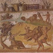 unknow artist Mosaic from the Roman villa at Zliten in Tripolitania showing horses and cattle threshing corn oil painting